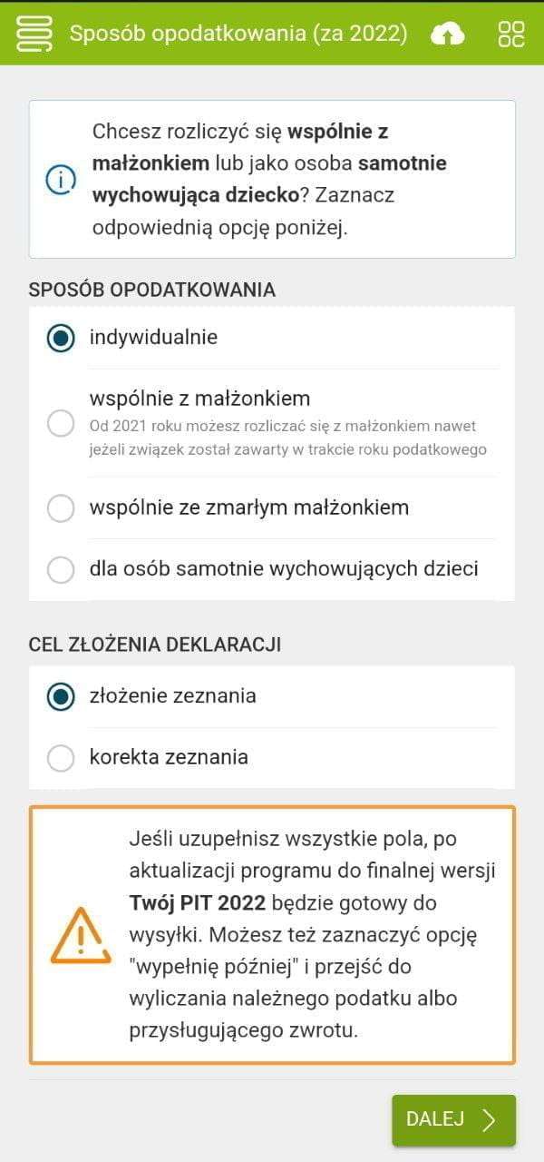 e-pity: выбор способа расчёта (rodzaj rozliczenia) — индивидуально, с супругом или как одинокий родитель