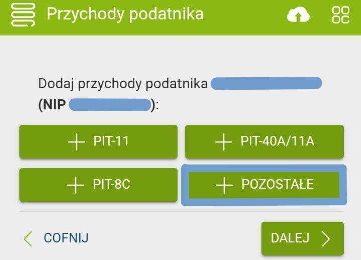 e-pity: экран Przychody podatnika, кнопка Pozostałe для добавления доходов