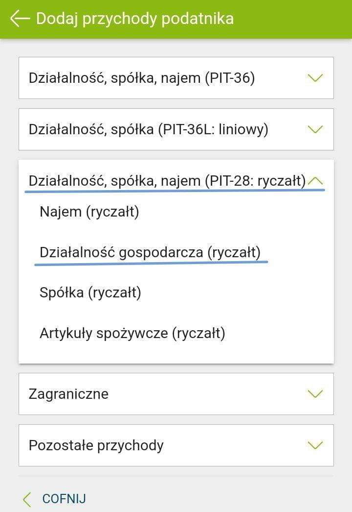 e-pity: Dodaj przychody podatnika — выбор налоговой системы, пункт Ryczałt (PIT-28)
