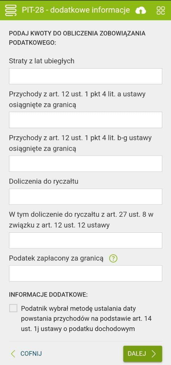 e-pity: экран Dodatkowe informacje со специфическими опциями