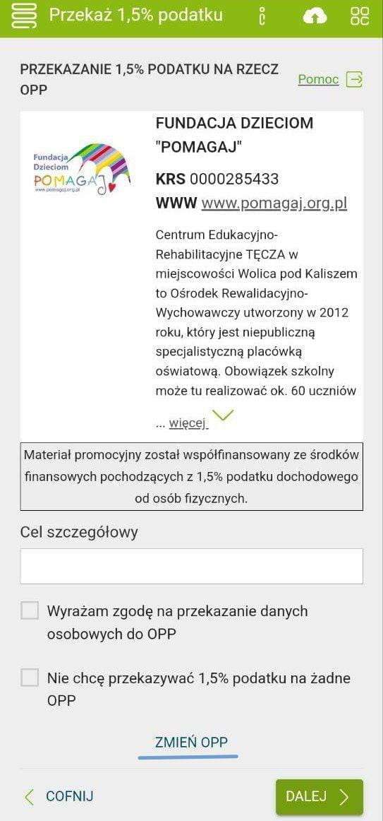 e-pity: шаг передачи 1.5% налога организации OPP, кнопка ZMIEŃ OPP