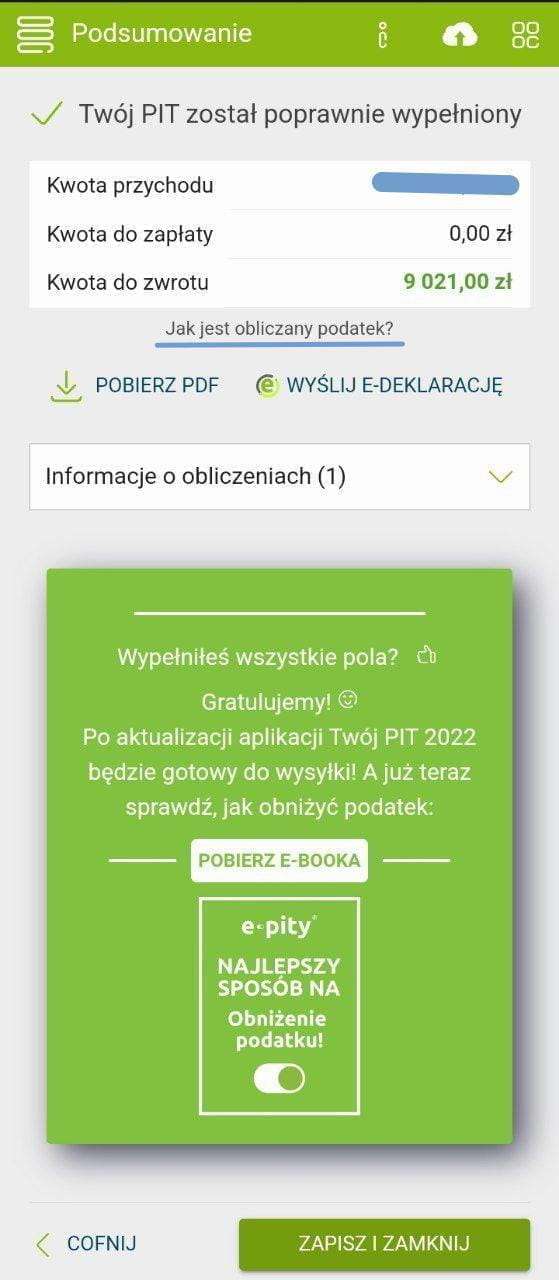 e-pity: итоговый экран (podsumowanie) с суммой к возврату или доплате