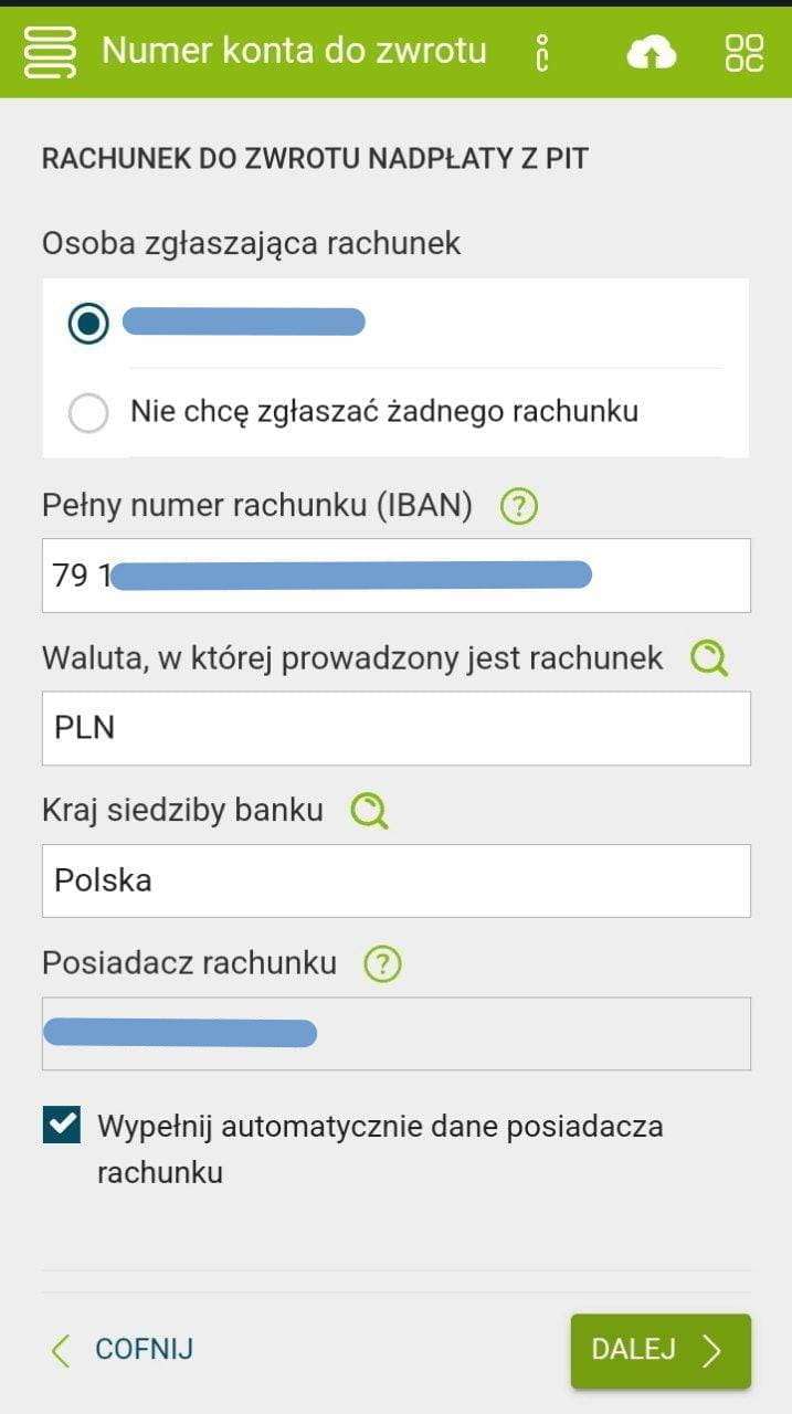 e-pity: поля банковского счёта (rachunek) и имени владельца для возврата налога