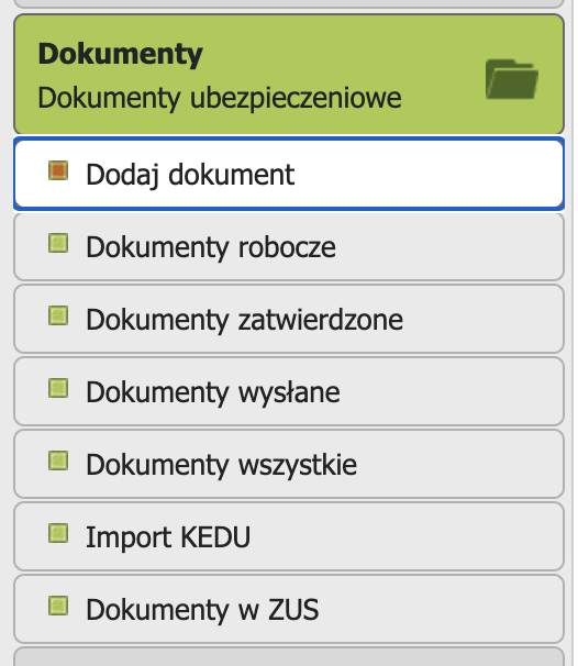 ePłatnik: меню Dokumenty, пункт Dodaj dokument