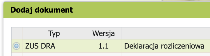 Список деклараций: выбор ZUS DRA, кнопка Wybierz