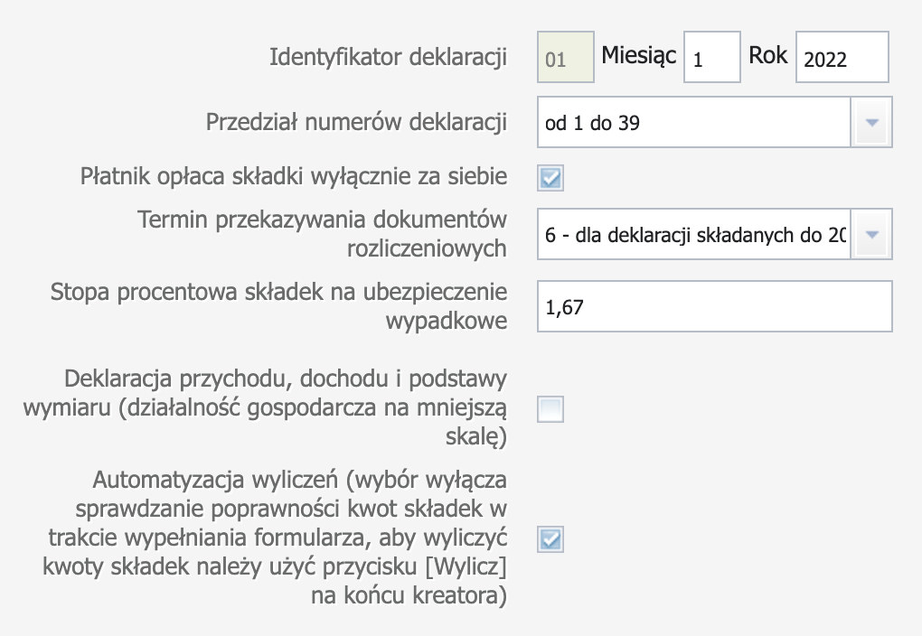 Креатор ZUS DRA: выбор года, месяца и типа декларации 6