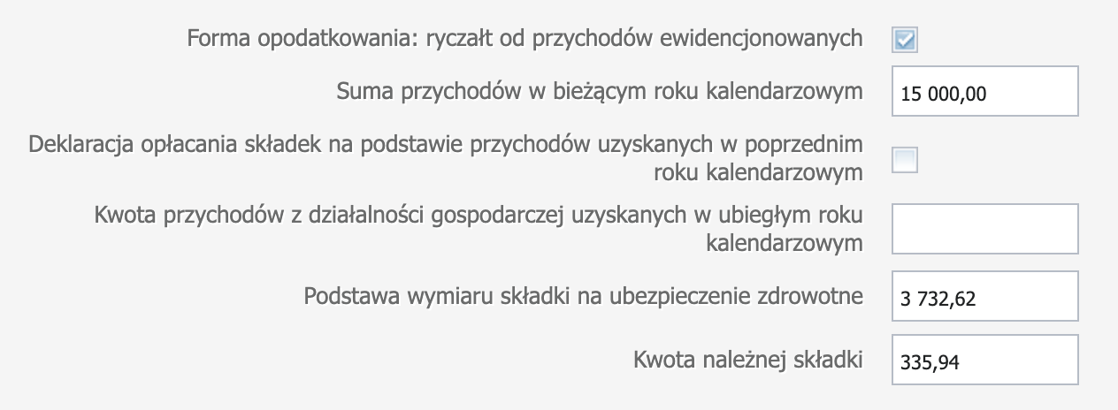 Кнопка Oblicz и рассчитанное основание składki zdrowotnej