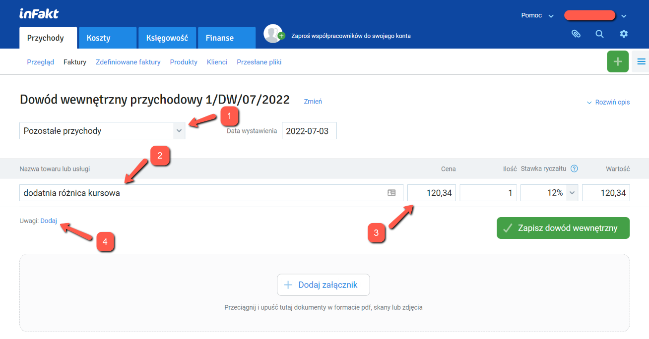 inFakt: форма Dowód wewnętrzny — Pozostałe przychody, сумма курсовой разницы