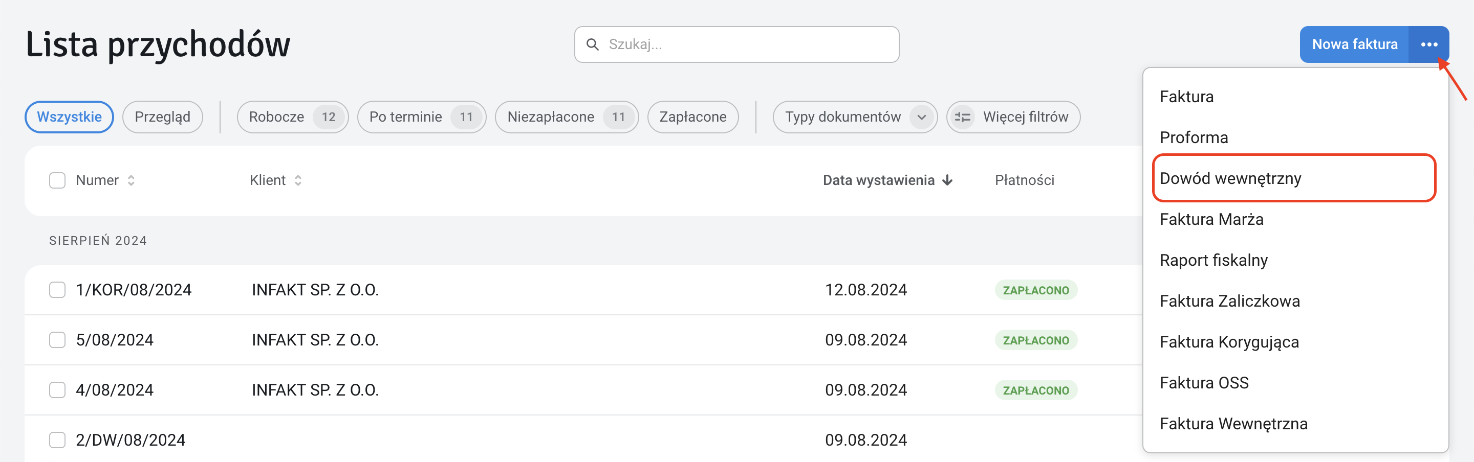 inFakt: список фактур, меню с пунктом Dowód wewnętrzny
