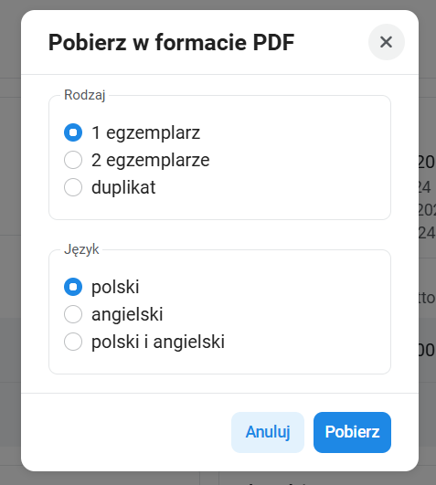 inFakt: список фактур, пункт Pobierz PDF с выбором языка