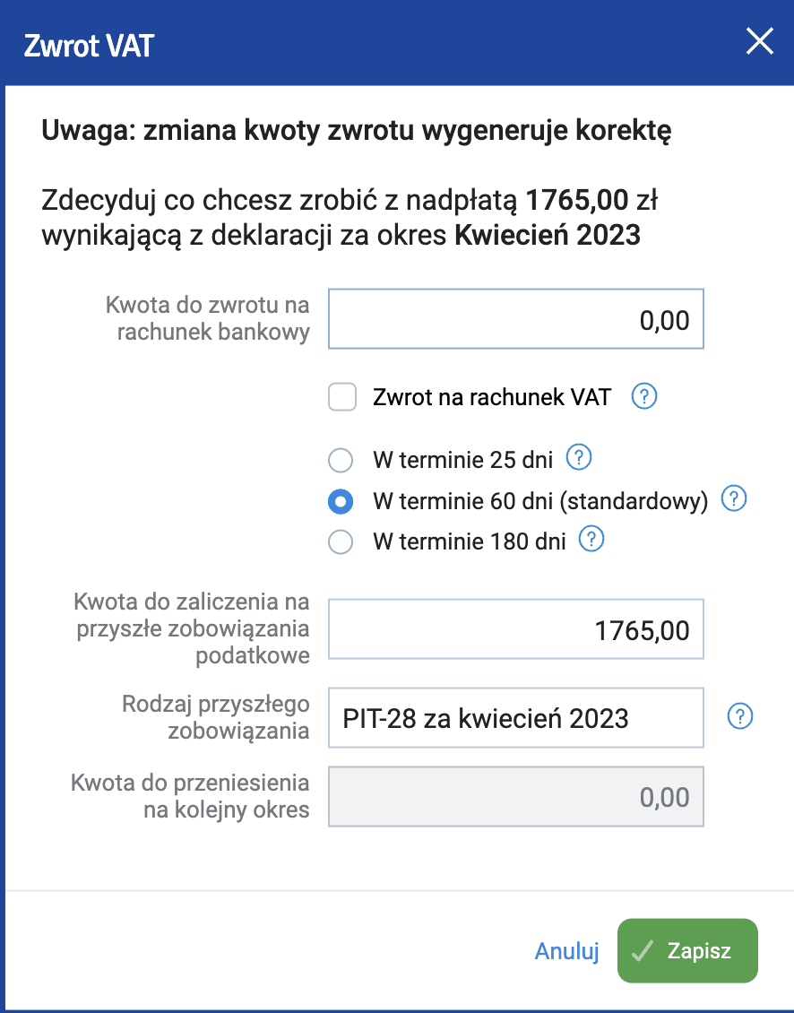 zaliczenie na przyszłe zobowiązania podatkowe