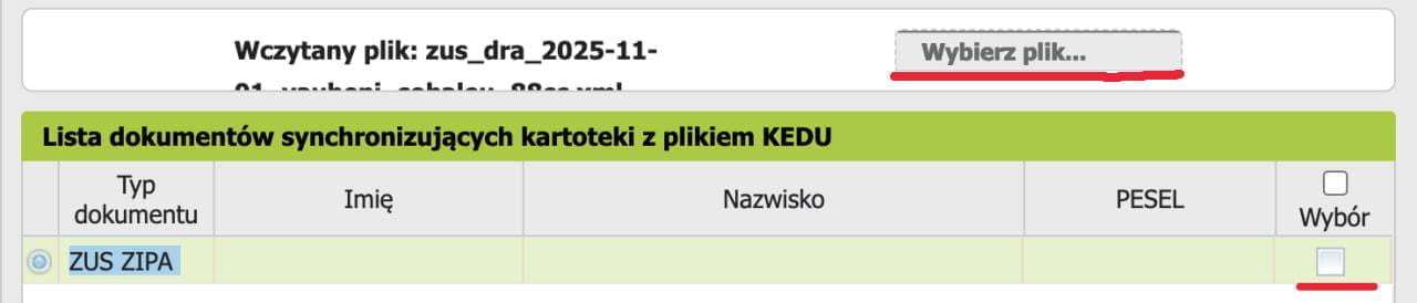 ePłatnik, Import KEDU: кнопка Wybierz plik и загруженный xml-файл