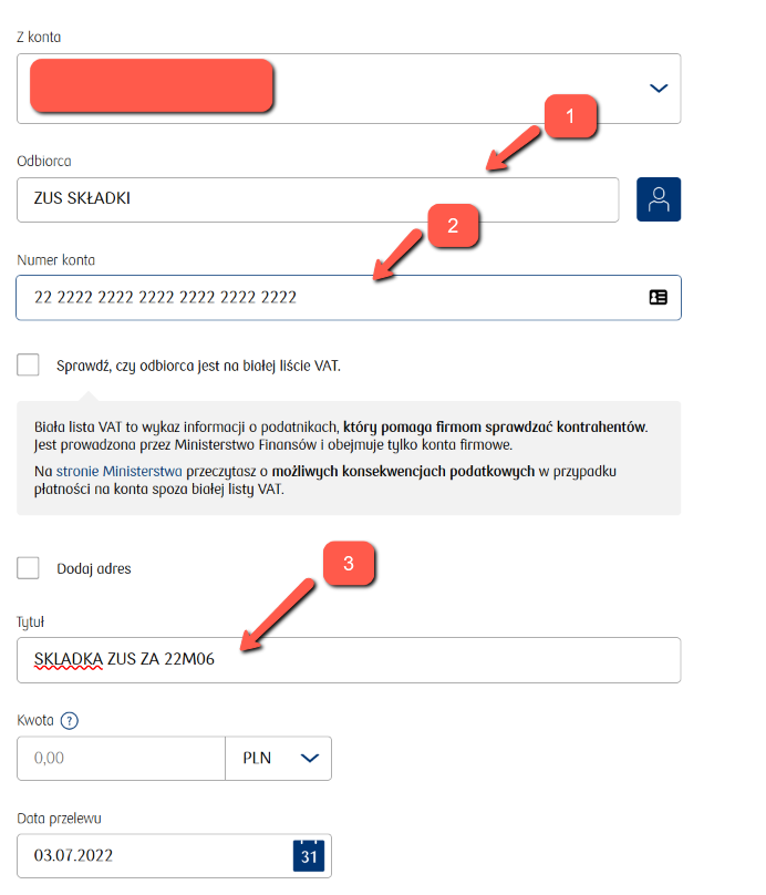 PKO: перевод складки ZUS — получатель, номер микросчёта, Tytuł