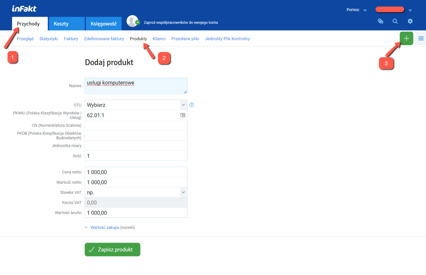inFakt: форма Nowy Produkt — Nazwa, Cena netto, ставки VAT и Ryczałt