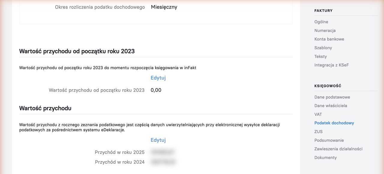 Ustawienia — Przychód w roku