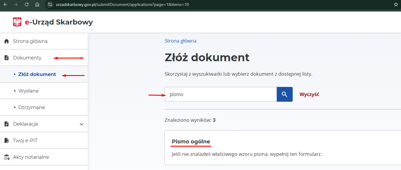 e-Urząd Skarbowy: Złóż dokument — поиск pismo, выбор Pismo ogólne