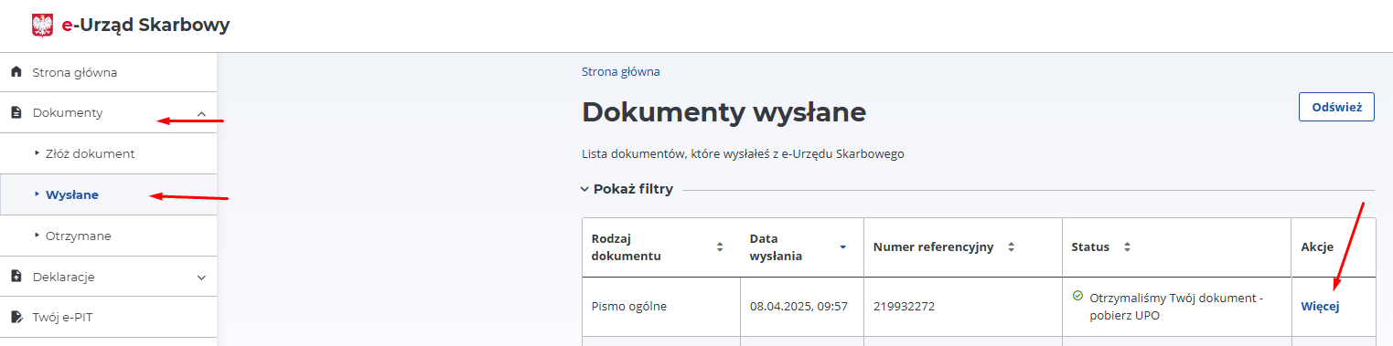e-Urząd Skarbowy: раздел Dokumenty – Wysłane, кнопка Więcej