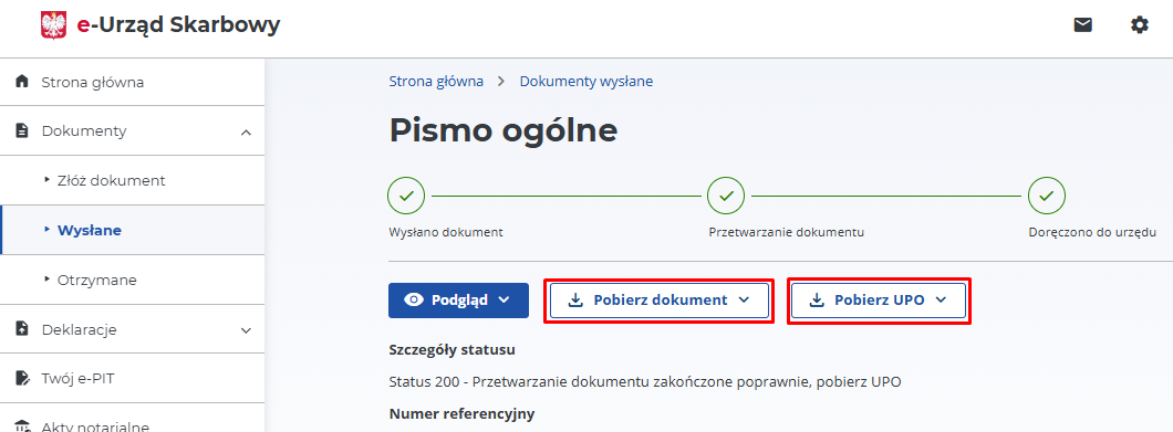 e-Urząd Skarbowy: скачивание письма и подтверждения доставки в PDF