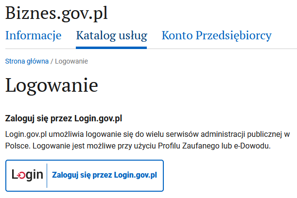 Страница входа biznes.gov.pl: кнопка Zaloguj się przez Login.gov.pl