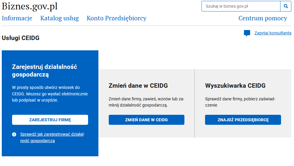 Главная biznes.gov.pl: синяя кнопка ZAREJESTRUJ FIRMĘ