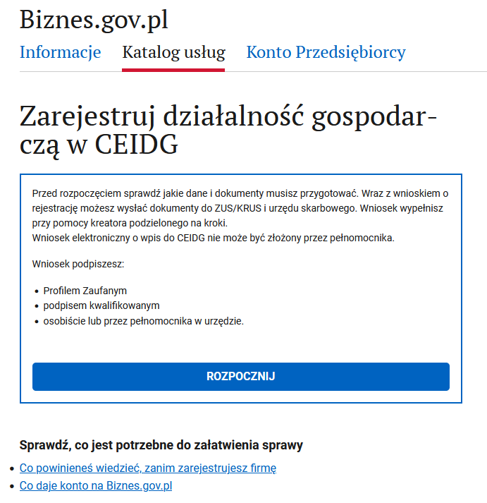 Приветственное окно формы регистрации, кнопка ROZPOCZNIJ