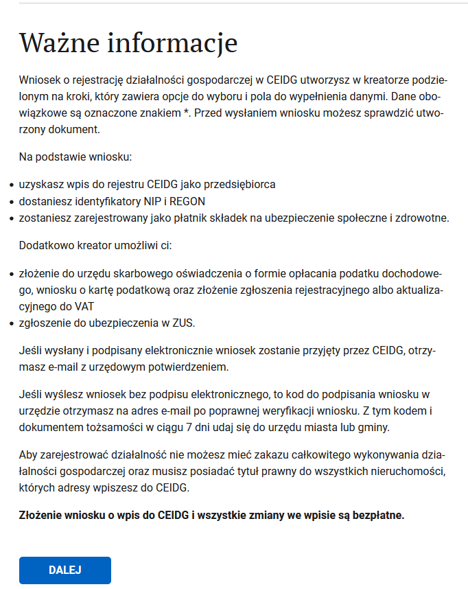 Окно Ważne informacje с вводной информацией, кнопка DALEJ