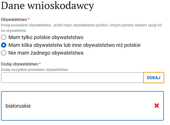 Форма CEIDG: раздел Dane wnioskodawcy, выбор гражданства заявителя