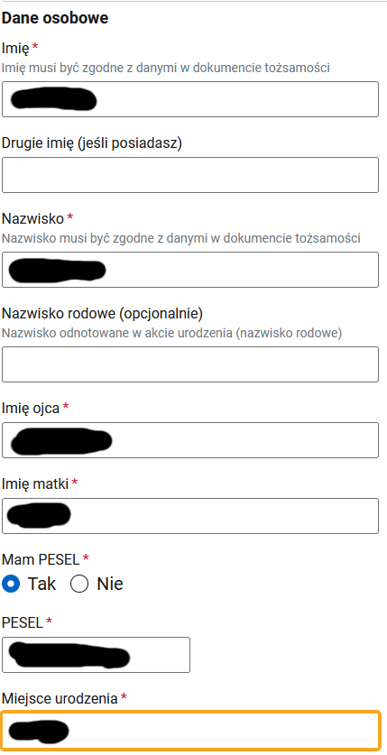 Раздел Dane osobowe: имя, фамилия, имена родителей, PESEL, место рождения