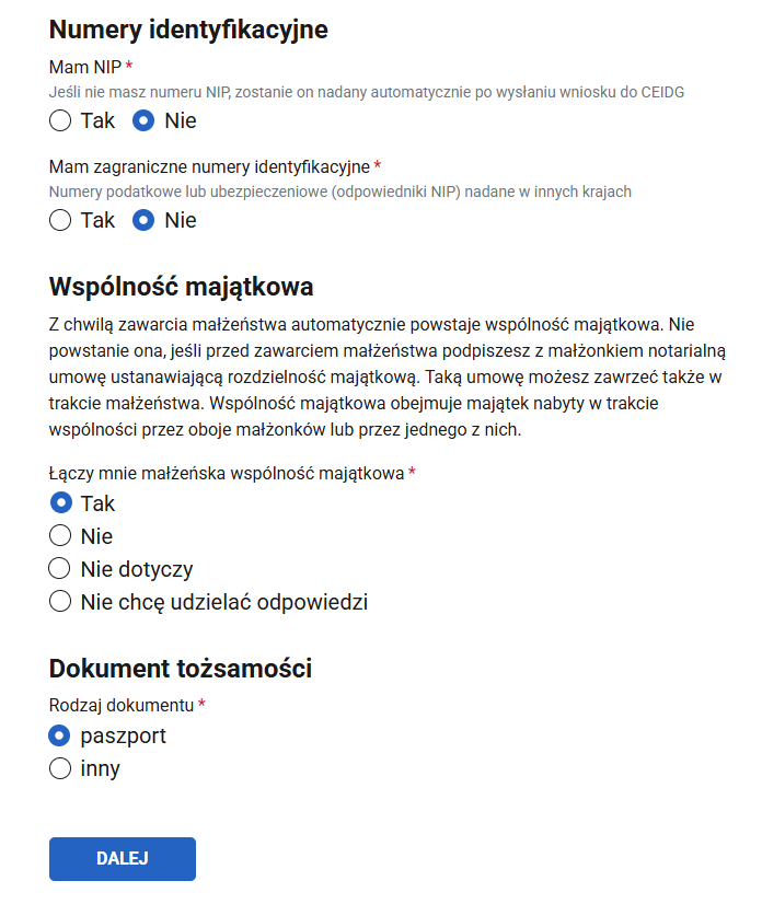 Раздел Numery identyfikacyjne: NIP, заграничный номер, Wspólność majątkowa