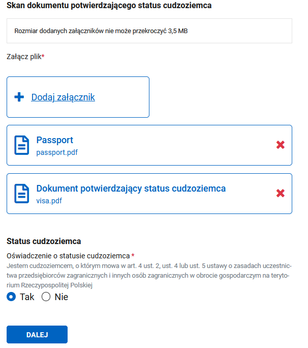 Раздел Status cudzoziemca: сканы документов и чек-бокс о праве вести ИП