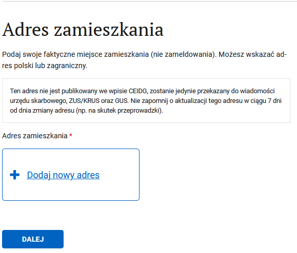 Шаг Adres zamieszkania, кнопка Dodaj nowy adres