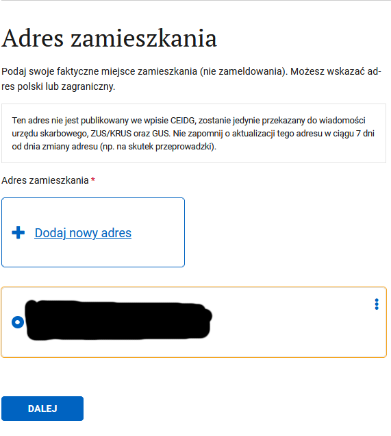 Шаг Adres zamieszkania с заполненным адресом проживания