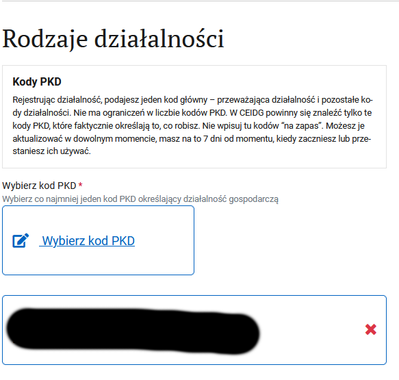 Раздел Kody działalności: кнопка Wybierz kod PKD и выбранный основной код