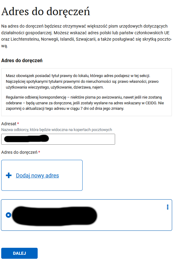 Шаг Adres do doręczeń: адресат и адрес для корреспонденции