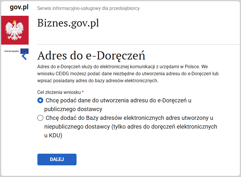 Шаг Adres do e-Doręczeń: выбран пункт создания нового адреса e-Doręczenia