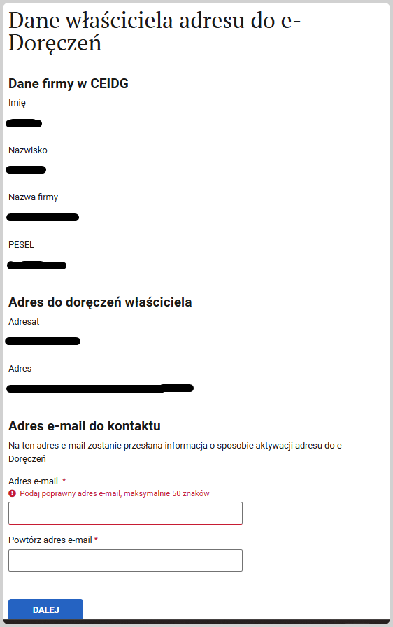 Шаг Dane właściciela adresu do e-Doręczeń: поле e-mail для уведомлений