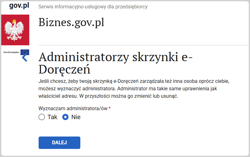 Шаг Administratorzy skrzynki e-Doręczeń: выбран вариант Nie