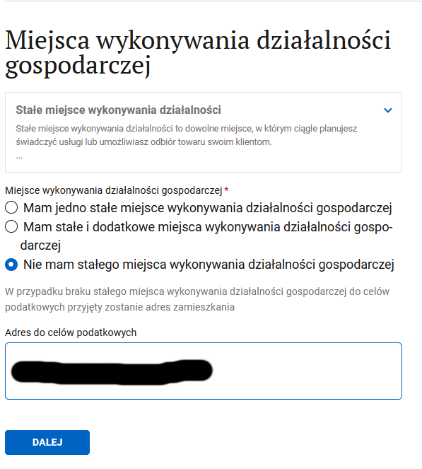 Шаг Miejsca wykonywania działalności: вариант без постоянного места деятельности