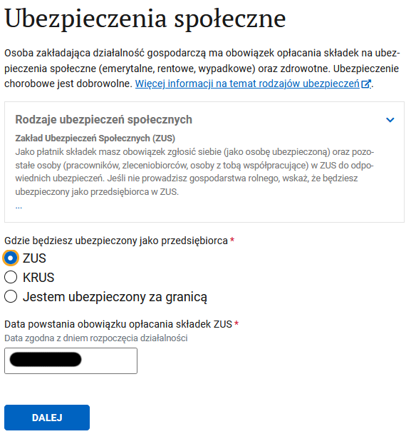 Шаг Ubezpieczenia społeczne: выбран ZUS и дата начала уплаты взносов