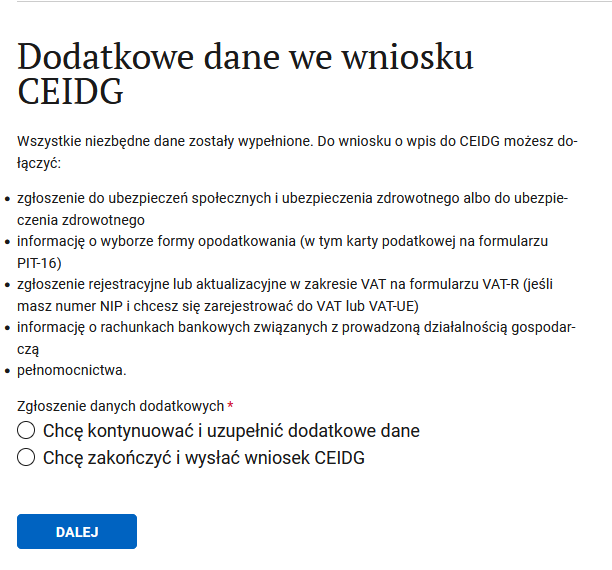 Шаг Dodatkowe dane: выбран пункт регистрации в ZUS и выбора налогообложения
