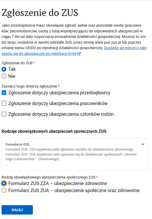 Шаг Zgłoszenie do ZUS: чек-боксы регистрации и выбор формуляра ZUS ZZA