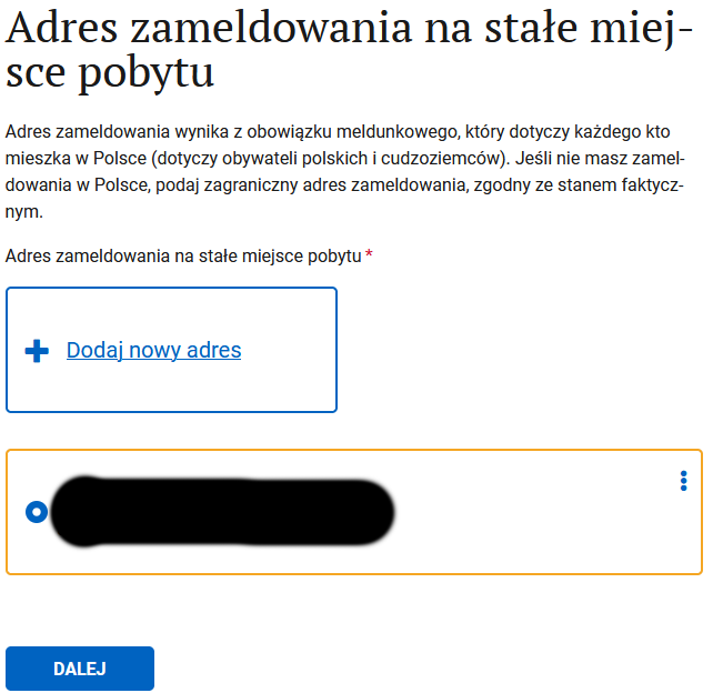 Шаг Adres zameldowania: адрес регистрации (мельдунка)