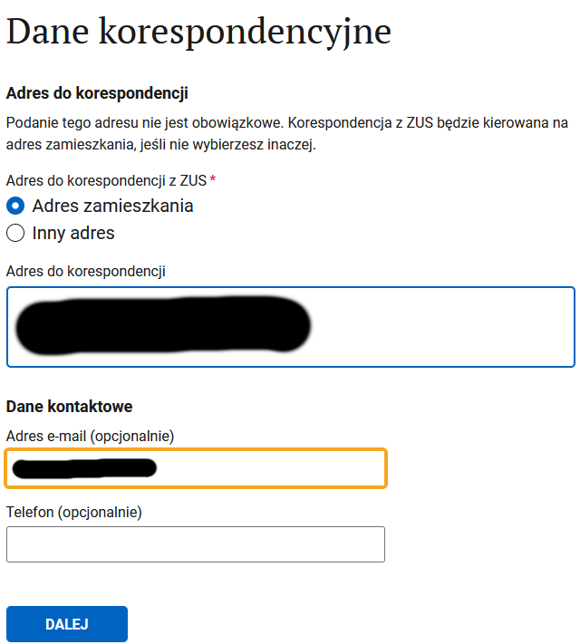 Шаг Dane korespondencyjne: адрес для писем ZUS, e-mail и телефон