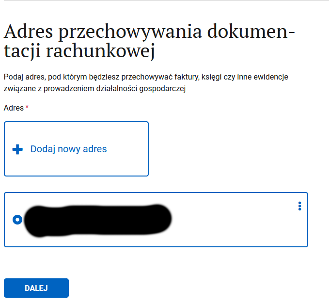 Шаг Adres przechowywania dokumentacji: адрес хранения бухгалтерских документов