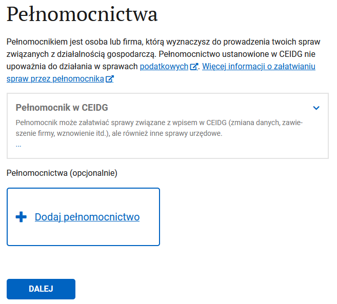 Шаг Pełnomocnictwa: добавление представителя с доверенностью