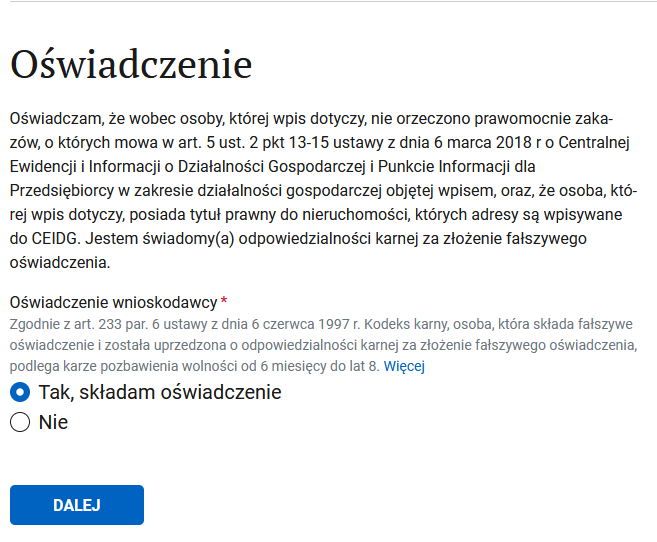 Шаг Oświadczenie: заявление об ответственности, кнопка DALEJ