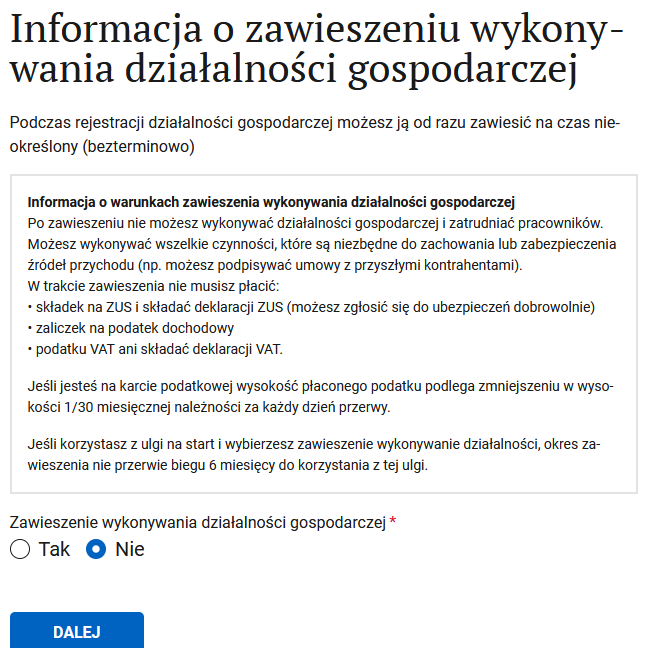 Шаг Zawieszenie działalności: вопрос о приостановке деятельности