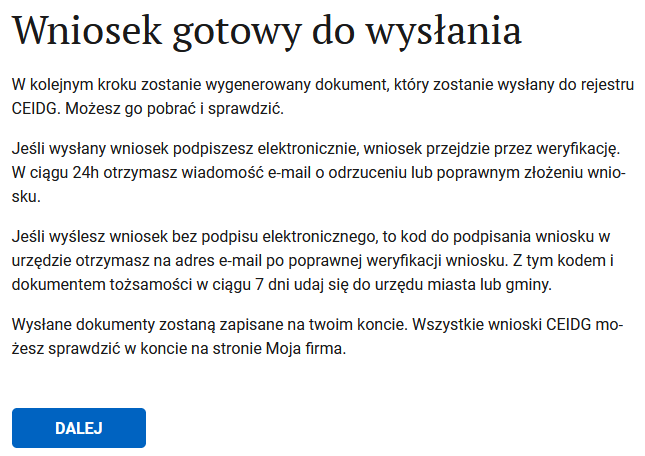 Шаг Wniosek gotowy do wysłania: итоговая информация перед отправкой