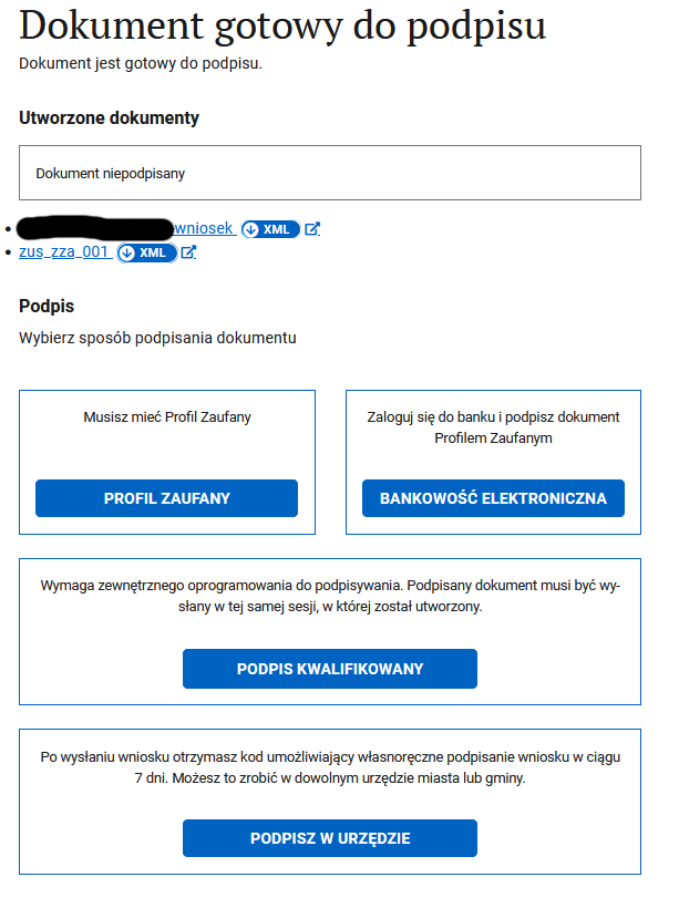 Шаг Dokument gotowy do podpisu: ссылки xml и выбор способа подписания