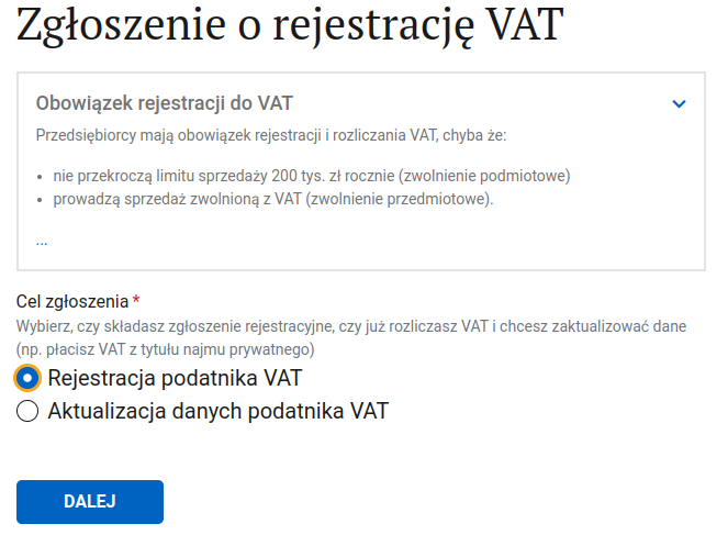 CEIDG: пункт регистрации плательщиком VAT — выбор rejestracja или aktualizacja